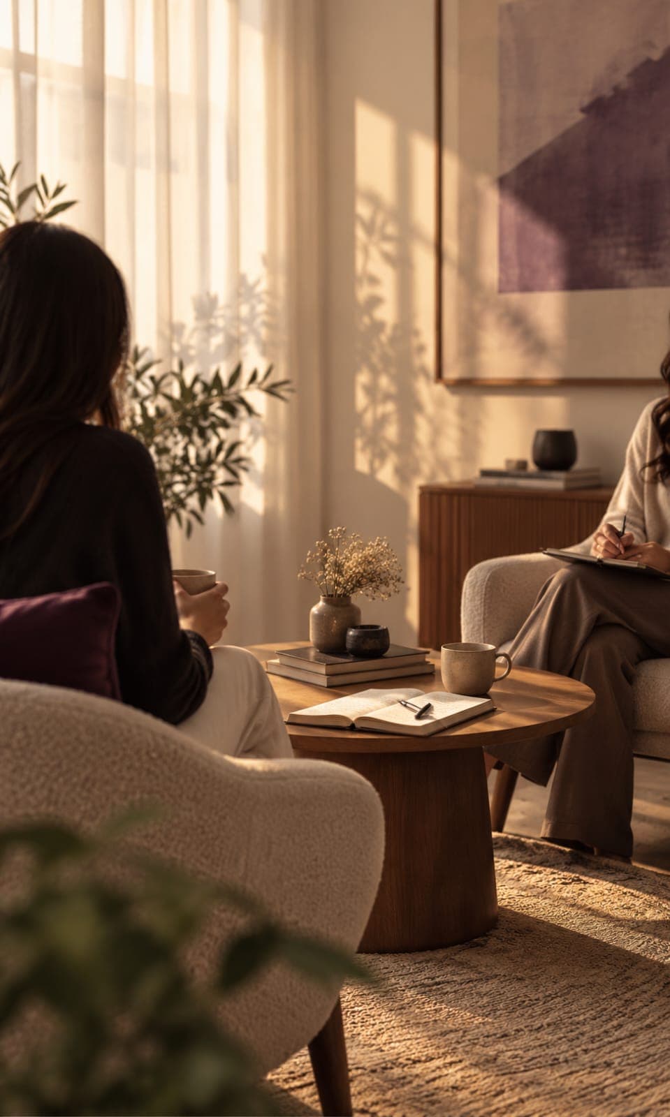 A warm, sunlit room set for a quiet one-to-one conversation